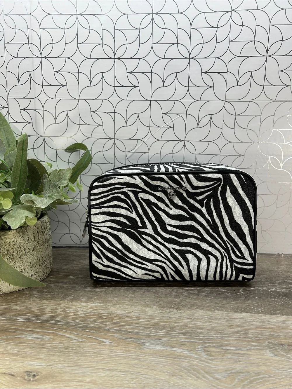 NWOT Michael Kors Zebra Print Canvas Cosmetic Pouch - Black & White